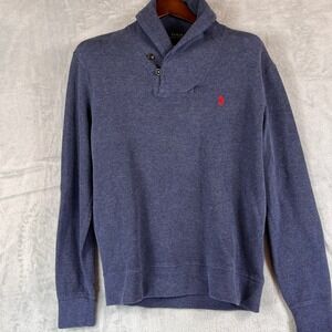 Polo Ralph Lauren Mens Medium Navy Shawl Neck Buttons Sweater Red Pony Cotton